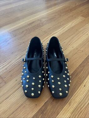 Black Studded Mary Jane Flats with Gold Accents